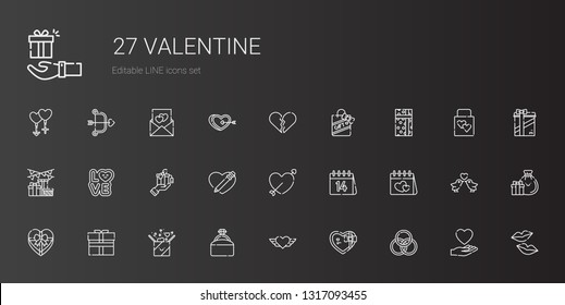 valentine icons set. Collection of valentine with rings, gift, heart, engagement ring, valentines day, cupid, love, broken heart, kiss. Editable and scalable valentine icons.