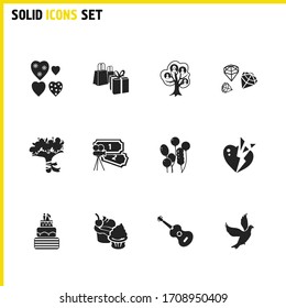 Valentine icons set with dove, diamonds and bridal bouquet elements. Set of valentine icons and acoustic concept. Editable vector elements for logo app UI design.