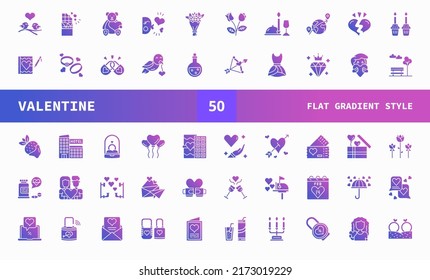 Iconos de San Valentín. Conjunto de degradado plano del vector. Se puede usar para productos digitales, presentación, interfaz de usuario y muchos más.