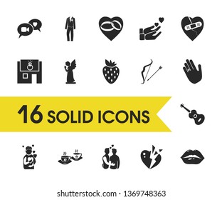 Valentine icons set with jewellery shop, lips and caring elements. Set of valentine icons and bandage concept. Editable vector elements for logo app UI design.