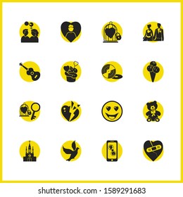 Valentine icons set with locked heart, betrayal and boyfriend elements. Set of valentine icons and bakery concept. Editable vector elements for logo app UI design.