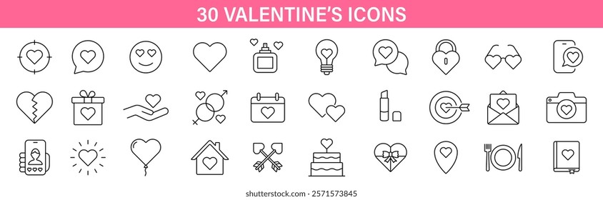 Valentine icons set. Love, dating outline vector symbols. Valentines nubes, gift icon. Vector icons