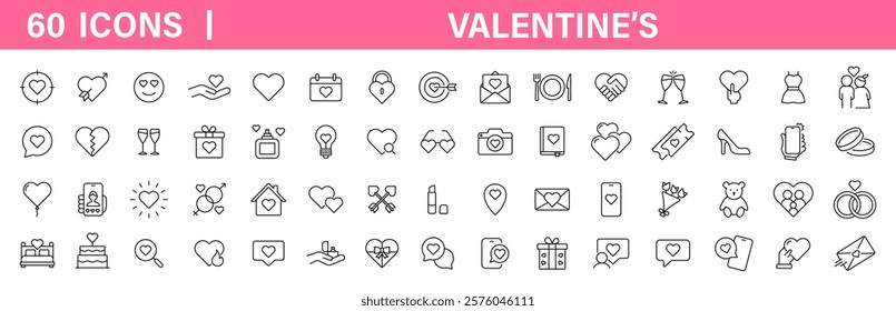 Valentine icons set. Love, dating outline vector symbols. Valentines nubes, gift icon. Vector icons