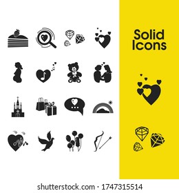 Valentine icons set with rainbow, bow with arrow and spread love elements. Set of valentine icons and hearts concept. Editable vector elements for logo app UI design.