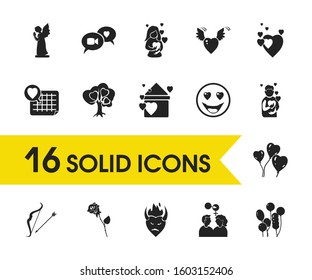 Valentine icons set with spread love, little angel and girl in love elements. Set of valentine icons and hearts concept. Editable vector elements for logo app UI design.