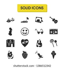Valentine icons set with strawberry, dating website and smiley with heart eyes elements. Set of valentine icons and sparrow concept. Editable vector elements for logo app UI design.