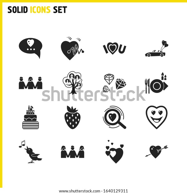 Valentine icons set with
wedding cake, love message and wedding car elements. Set of
valentine icons and valentine concept. Editable vector elements for
logo app UI design.