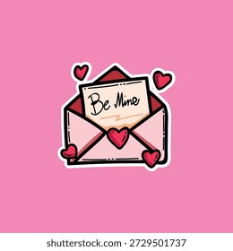 Valentine illustration featuring a pink envelope with a handwritten 'Be Mine' note and cute hearts, perfect for love, romance, and greeting card themes.