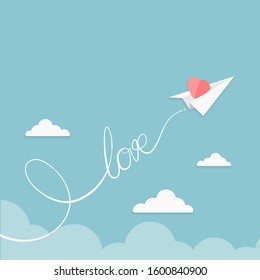 Valentine illustration of paper airplane flying in the sky with a heart