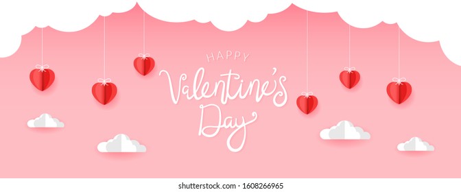 Valentine illustration of paper hearts on pink sky