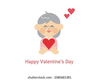 Valentine illustration of a smiling senior woman with a red heart