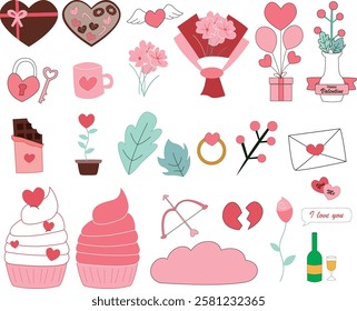 "Valentine Illustration Symbols" captures the essence of love with hearts, love locks, Cupid’s arrows, chocolates, flowers, rings, cupcakes, and heart balloons, creating a sweet, romantic, and joyful 