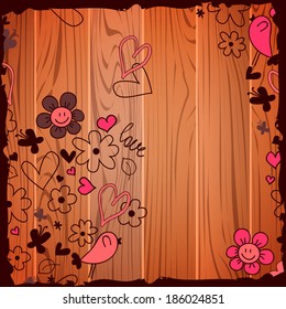 Valentine illustration template doodles on wooden background