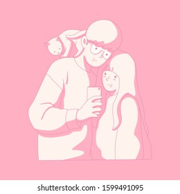 Valentine illustration, young couple take a selfie together with a cat above the man. Pink Silhouette.