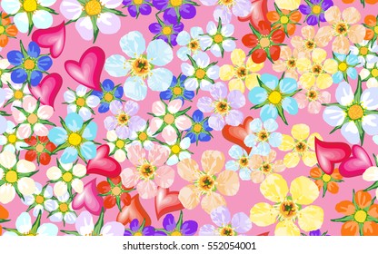 Valentine image with heart among flowers.
Seamless pattern.
