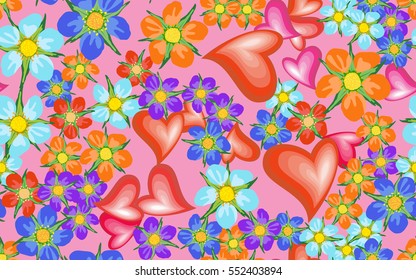 Valentine image with heart among flowers.
Seamless pattern.