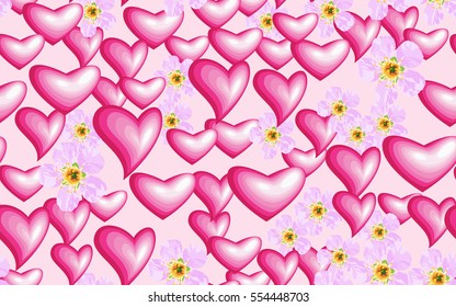 Valentine image with heart among flowers. Seamless pattern.