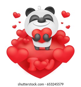 Valentine invitation card template with panda cartoon character holding red heart