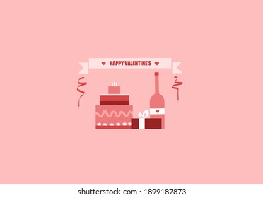 Valentine item with smooth colour , valentine wine , valentine cake , valentine gift , vector flat design