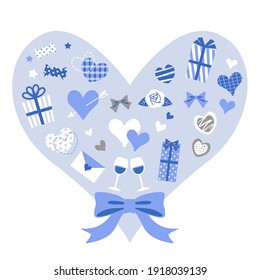 Valentine items in blue heart shape