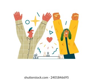 Valentine: Joyful Success - modern flat vector concept illustration of a happy couple celebrating winning at chess with raised arms. Metaphor of love, shared achievement, affection, connection