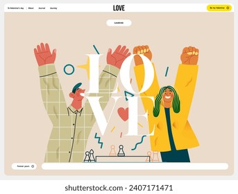 Valentine: Joyful Success - modern flat vector concept illustration of a happy couple celebrating winning at chess with raised arms. Metaphor of love, shared achievement, affection, connection