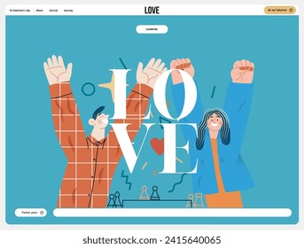 Valentine: Joyful Success - modern flat vector concept illustration of a happy couple celebrating winning at chess with raised arms. Metaphor of love, shared achievement, affection, connection