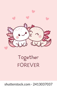 Valentine. Kawaii style. One axolotl kisses another axolotl. Valentine's day. 