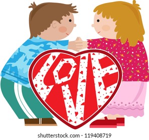 Valentine Kids Vector illustration of a boy and a girl holding hands, and a heart  with the word Love in between them. Eps10