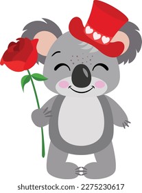 Valentine koala with red hat holding a red rose
