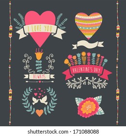 Valentine label set. Valentine`s Day emblems. Vector illustration. Vintage love collection.Laurel, wreath. flag. Tribal.