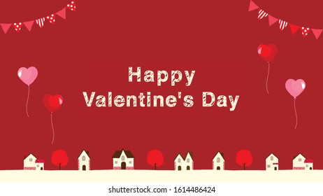 Valentine  landscape and  heart balloons are flying.