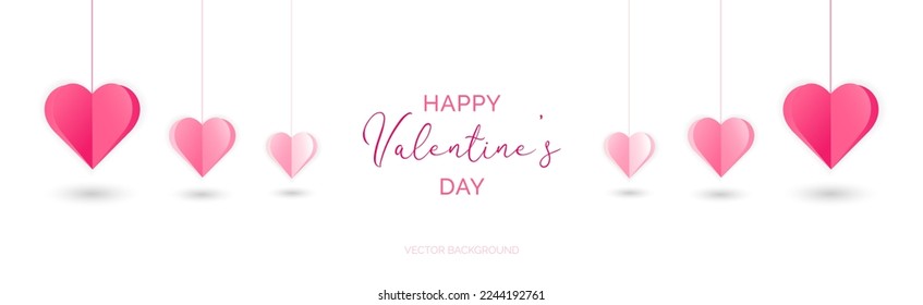 Valentine large banner for website with hearts. Happy Valentine's Day background.Vector illustration with paper cut effect hearts. Minimal and modern design.