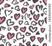 Valentine Leopard or cheetah seamless pattern. Trendy animal print. Spotted pink and dark gray hearts imitate jaguar fur. Vector background for textile, fabric, wallpaper, wrapping paper, etc.