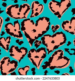 Valentine leopard or jaguar seamless pattern. Trendy animal print spotted cheetah fur heart shaped vector. Valentines Day. Simple cards, banners heart pattern. Modern flat style for decor, poster.