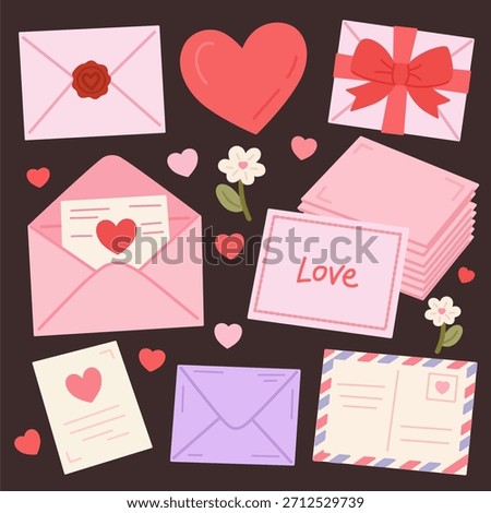 Valentine letter and envelope elements in cute hand-drawn style for romantic and love-themed designs. Perfect for cards, stickers, stationery, packaging, and digital projects.
