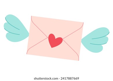 Valentine letter in envelope with wings. the letter is flying. Postal envelope, letter love message with post stamp and wings, isolated on white background. Happy Valentines Day. To my love. Vector