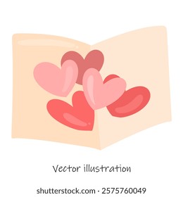 Valentine lettering card , open card and hearts shape inside , heart on a card 