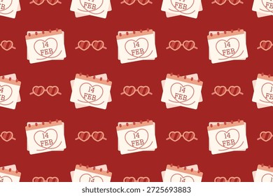 Valentinstag Lifestyle-Muster mit Kalender und Sonnenbrille in Rot-, Rosa- und Orangetönen. Perfekt für Urlaubsbilder, romantisches Branding, Social Media und saisonale Designs.
