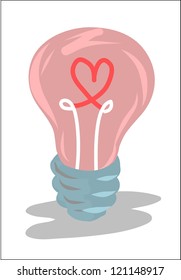 Valentine light bulb with red heart shown, vector.
