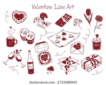 Arte de la línea de San Valentín: conjunto de Vector dibujado a mano con corazones, regalos, velas, flores, dulces, bebidas, sobres y Elementos románticos. Perfecto para tarjetas, invitaciones y diseños de vacaciones