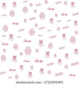 Patrón sin fisuras de arte de la línea de San Valentín. Textura de fondo de contorno rosa de Vector con cupcakes y corazones para el diseño de papel de embalaje