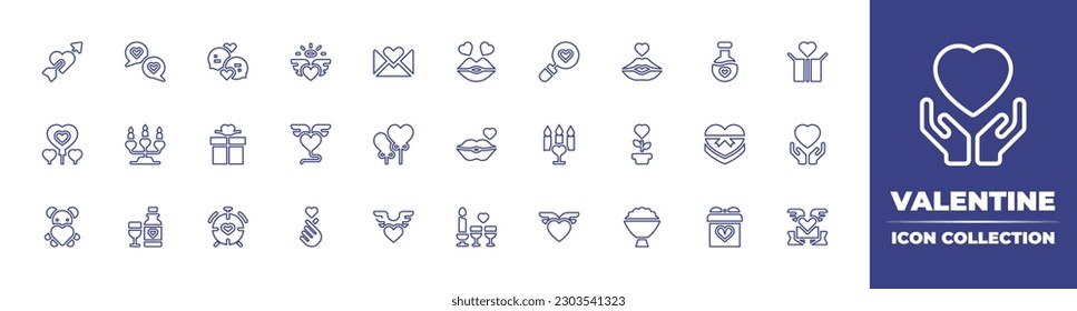 Valentine line icon collection. Editable stroke. Vector illustration. Containing heart, love, chat, love letter, kiss, search, love potion, gift box, balloon, candelabra, gift, heart balloon, candle.