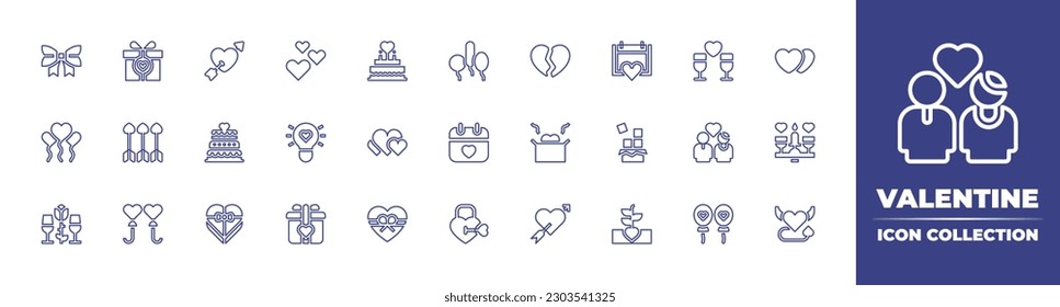 Valentine line icon collection. Editable stroke. Vector illustration. Containing bow, love, heart, hearts, romantic, ballons, broken heart, romantic date, champagne, balloons, arrow, wedding cake.