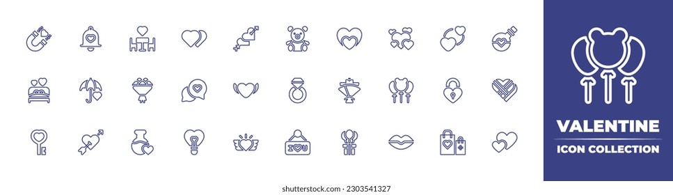Valentine line icon collection. Editable stroke. Vector illustration. Containing attraction, bell, dinner, love, cupid, teddy bear, heart, love potion, bed, umbrella, bouquet, speech bubble, ring.