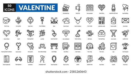 Valentine line icon set collection. Love letter, couple, cupid, love, heart, romance, gift, date, flower, chocolate, hug, wedding, ring, arrow, red, passion, celebration, card