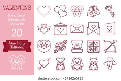 Valentine line icon set featuring hearts, love symbols, gifts, flowers, and cute animals. Perfect for romantic designs, greeting cards, apps, websites, ads, and seasonal Valentine projects.