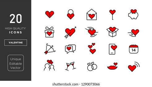 valentine line icon set with red color  vector  isolated illustration editable