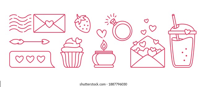 Valentine linear flat icon set. Happy Valentines Day symbol strawberry and cupcake letter. Minimal sign arrow message, confession and candle. Hand drawn love doodles. Flat Design Vector Illustration