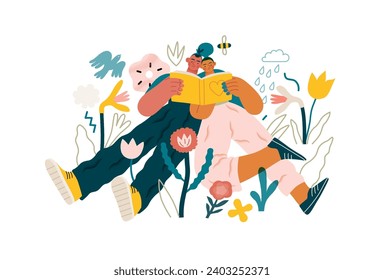 Valentine: Literary Love - modern flat vector concept illustration of a couple enjoying a book together in a serene natural setting. Metaphor for shared interests and intellectual harmony
